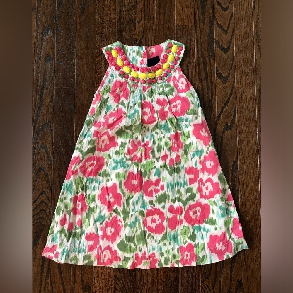 Mini Boden Girls 5-6Y Pink/Green Floral Shift Dress w/Jeweled Neckline - EUC! - Picture 2 of 9